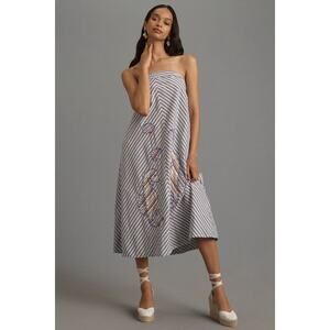 NWT Anthro Maeve Gray/White Striped Strapless Dress w Sea Horse Appliqué Size XS